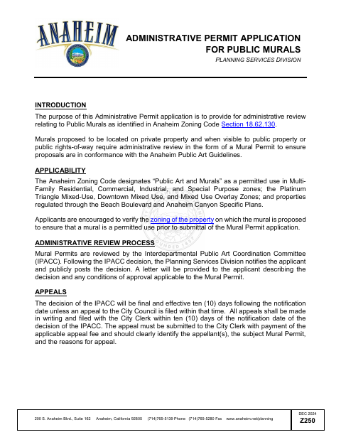 First page of the Administrative Permit Application For Public Murals