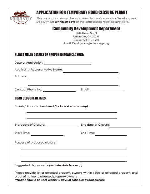 First page of the Application for Temporary Road Closure Permit