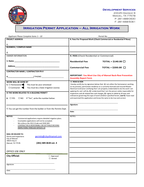 First page of the Irrigation Permit Application – All Irrigation Work