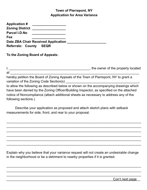 First page of the Application for Area Variance