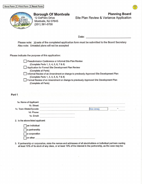 First page of the Site Plan Review & Variance Application