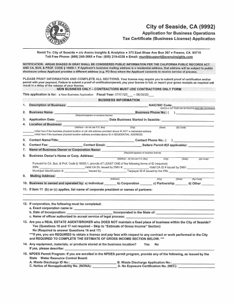 First page of the Business License Application