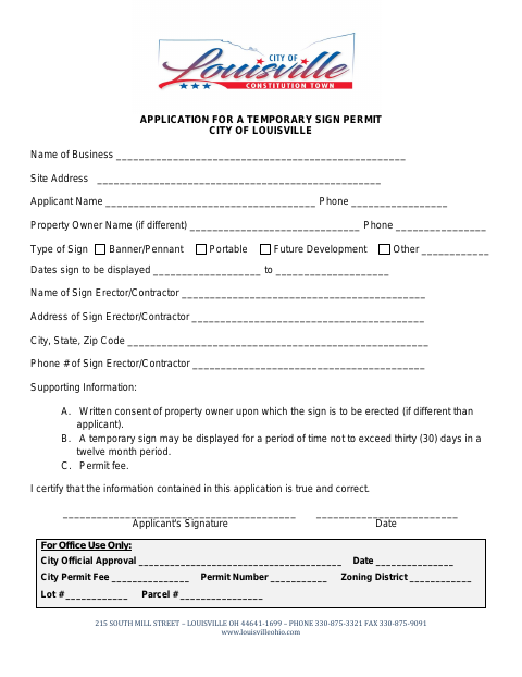 First page of the Application for a Temporary Sign Permit