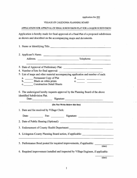 First page of the Major Subdivision Application