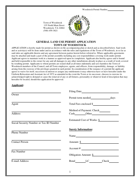 First page of the General Land Use Permit Application