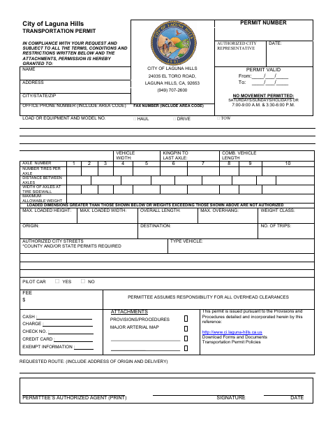 First page of the Transportation Permit