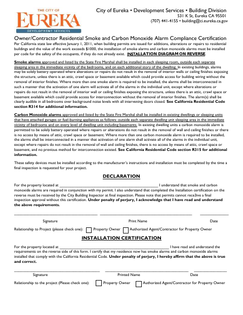 First page of the Owner/Contractor Residential Smoke and Carbon Monoxide Alarm Compliance Certification