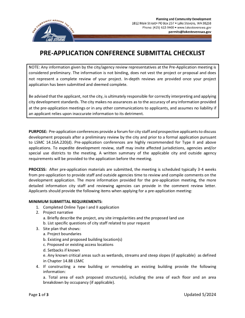 First page of the Pre-Application Conference Submittal Checklist