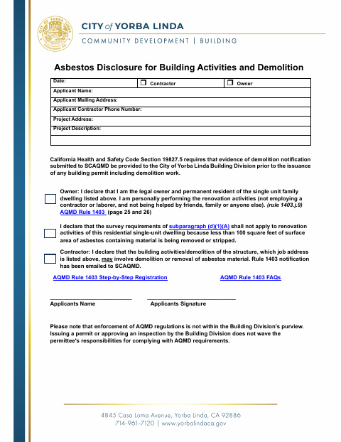 First page of the Asbestos Disclosure for Building Activities and Demolition
