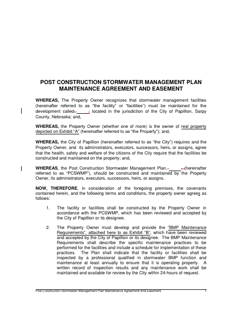 First page of the Post Construction Stormwater Management Plan Maintenance Agreement and Easement