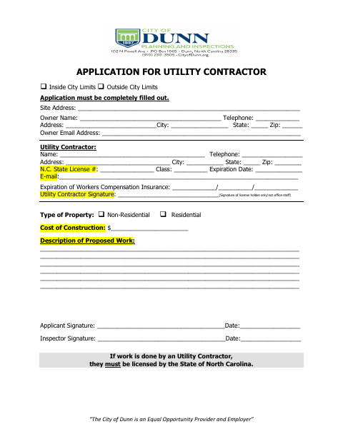 First page of the Application for Utility Contractor