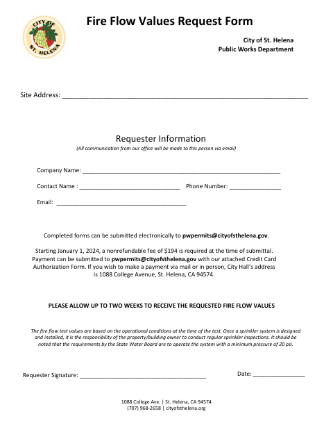First page of the Fire Flow Values Request Form