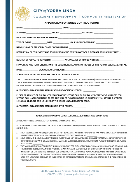First page of the Application For Noise Control Permit
