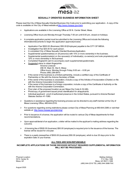 First page of the Sexually Oriented Business License Application