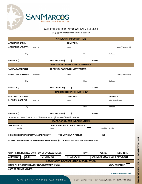 First page of the Encroachment Permit Application