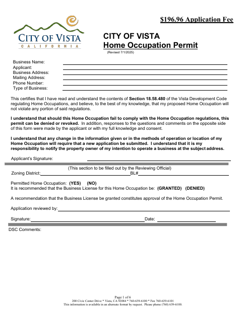 First page of the Home Occupation Permit