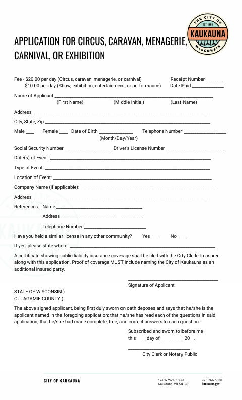 First page of the Circus, Caravan, Menagerie, Carnival, or Exhibition Application
