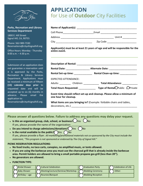 First page of the Application for Use of City Facilities