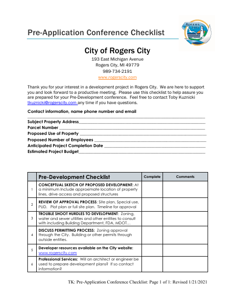 First page of the Pre-Application Conference Checklist
