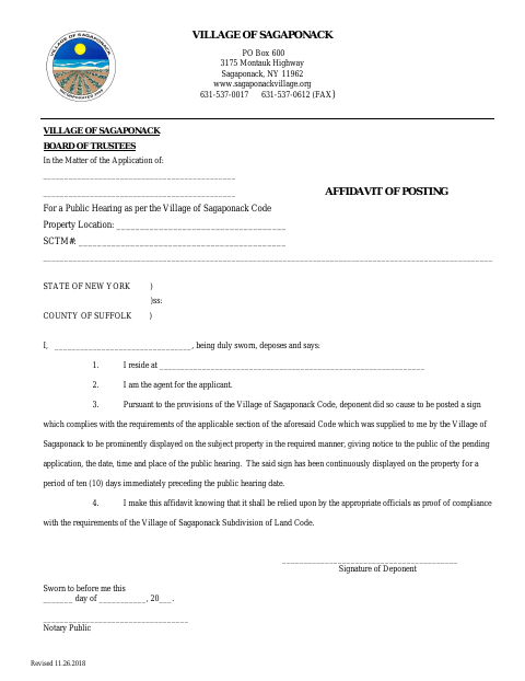 First page of the Public Hearing Affidavit of Posting
