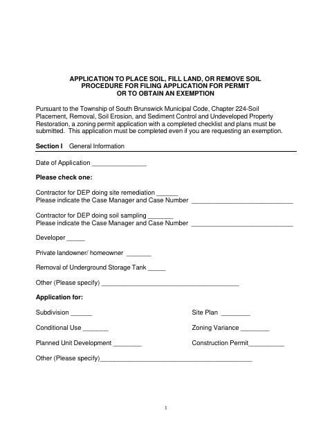 First page of the Application to Place Soil, Fill Land, or Remove Soil
