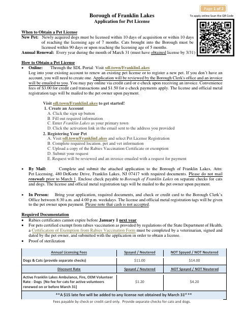 First page of the Pet License Application
