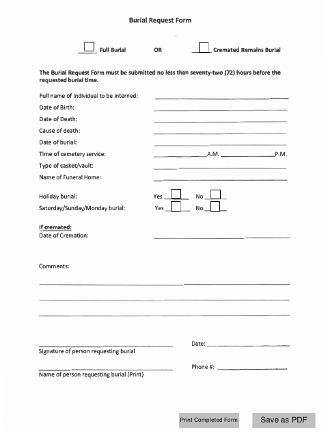 First page of the Burial Request Form