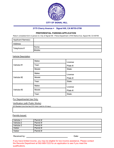 First page of the Preferential Parking Application
