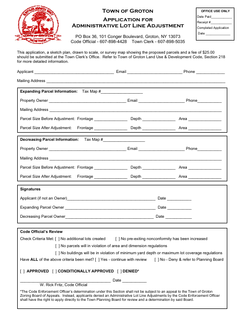 First page of the Application for Administrative Lot Line Adjustment