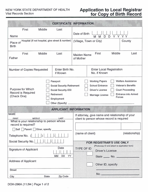 First page of the Application for Copy of Birth Record