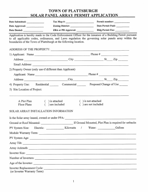 First page of the Solar Panel Array Permit Application