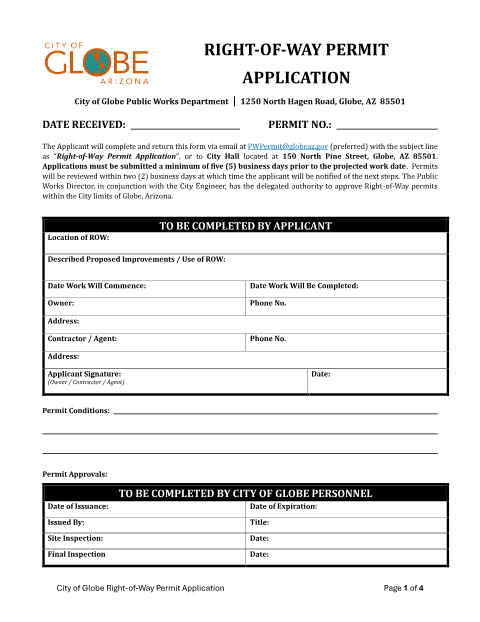First page of the Right-of-Way Permit Application