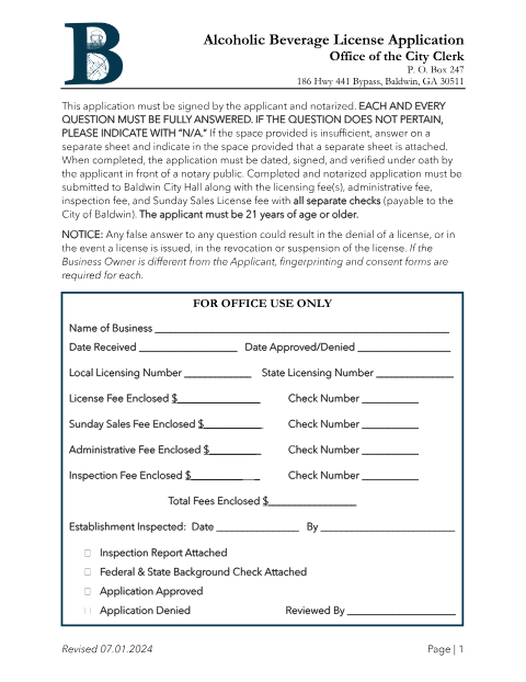 First page of the Alcoholic Beverage License Application