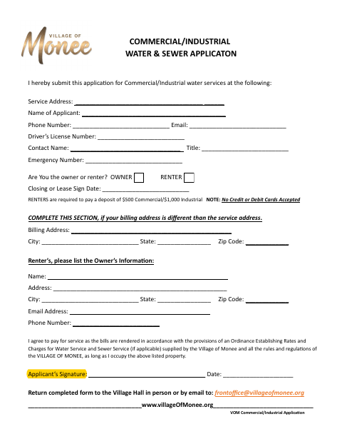 First page of the Commercial/Industrial Water & Sewer Application
