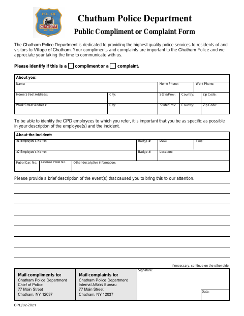 First page of the Public Compliment or Complaint Form