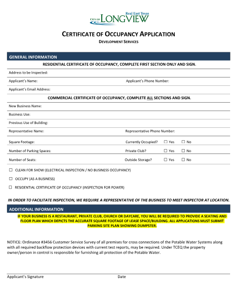 First page of the Certificate of Occupancy Application