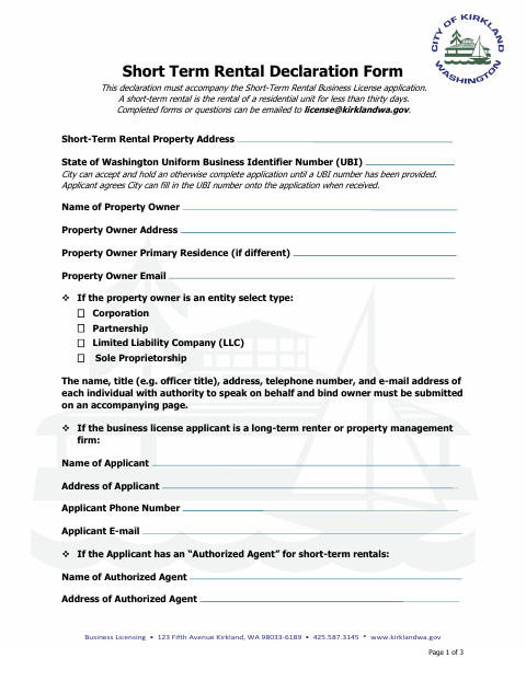 First page of the Short Term Rental Declaration Form