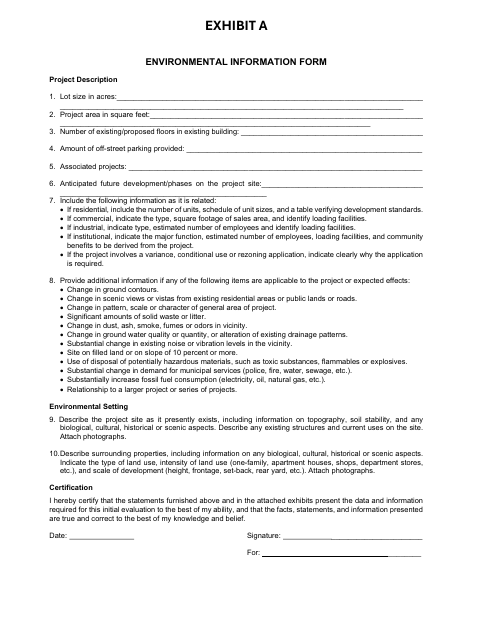 First page of the Comprehensive Development Application Exhibit A: Environmental Information Form