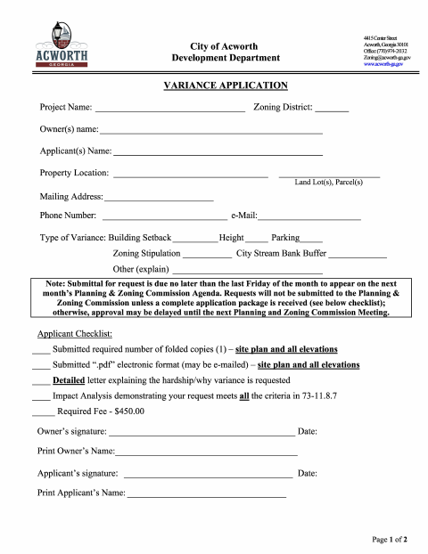 First page of the Variance Application