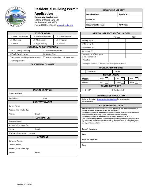 First page of the Residential Building Permit Application