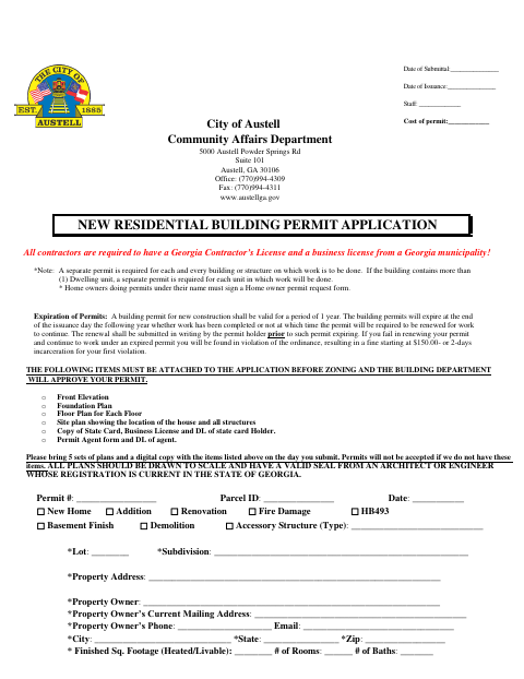 First page of the New Residential Building Permit Application