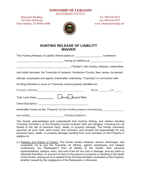 First page of the Hunting Release of Liability Waiver