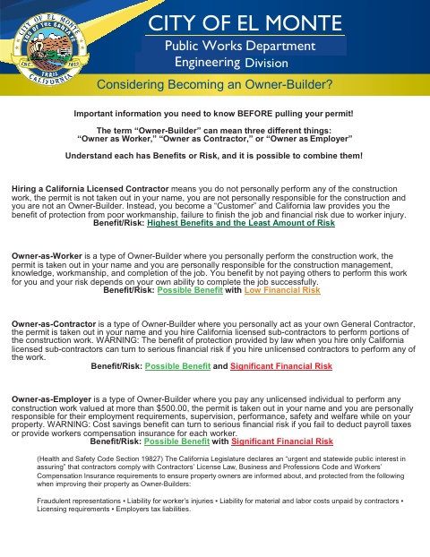 First page of the Owner-Builder Permit Application