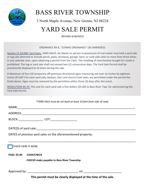 First page of the Yard Sale Permit