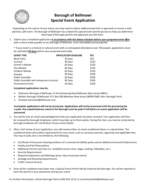 First page of the Special Event Application