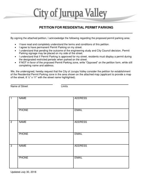 First page of the Petition for Residential Permit Parking