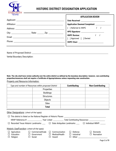 First page of the Historic District Designation Application