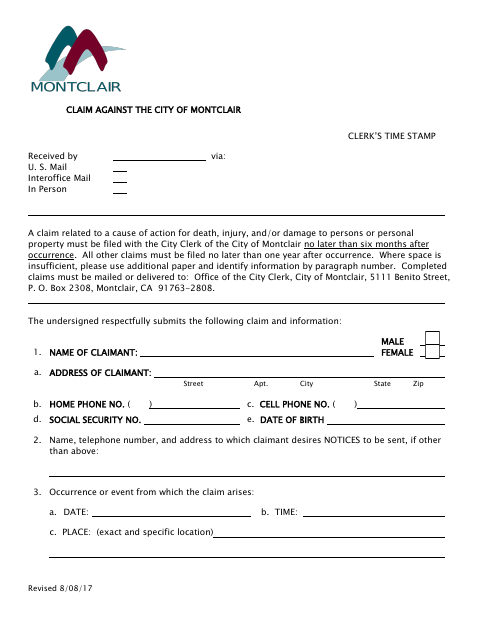First page of the Claim Against the City of Montclair