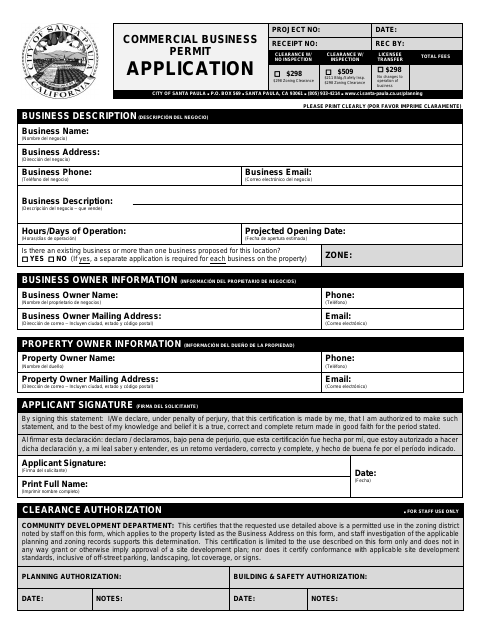 First page of the Commercial Business Permit and Business License Tax Application