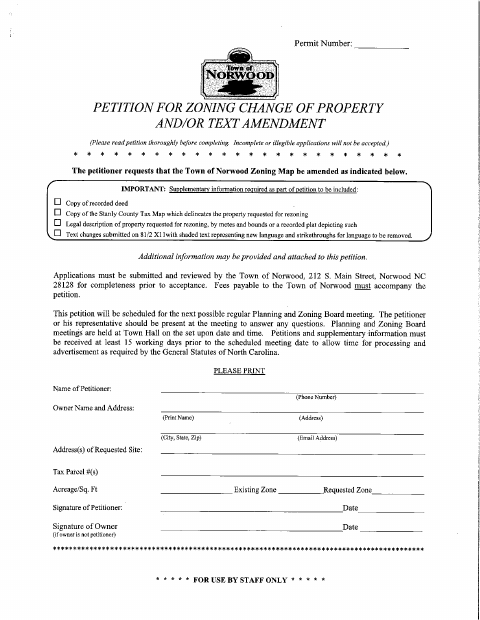 First page of the Petition for Zoning Change of Property and/or Text Amendment